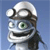 Pixelated character with large green eyes, silver helmet, and striped body in two poses against blue background.