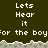 Pixelated text repeats 'Lets Hear it for the boy' across two with a gray wave-like border between them