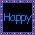 Four pixel-art display 'Happy' and '2001' text with color variations against black backgrounds, surrounded by a multicolored border