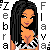 Pixel art of a woman with long black hair wearing a white and black patterned top, positioned between vertical text