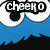 Pixelated blue background with black jagged edges and white circular shapes with black centers, overlaid with fragmented text in black and white.