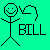 Pixelated stick figure with smiley face and heart symbol next to text "BILL" on bright green background.