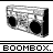 Pixelated grayscale image of a boombox with two circular speakers, white body, and black accents on a white background.