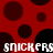 Red background with dark brown and black circular shapes, white text repeating 'snickers' horizontally across two