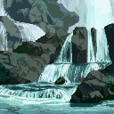 Animated waterfall scene with four distinct frame variations arranged in a 2x2 contact sheet, showing different water flow positions and rock formations across sampled frames.
