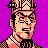 Pixel art portrait of a character with pinkish skin, black hair, and glasses against a solid purple background, wearing a checkered outfit and headpiece.