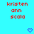 Red text 'kristen ann scala' appears in three above a blue heart symbol on a cyan background, with a gray rectangle partially visible on the right edge