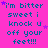 A static image with a bright pink background displaying repeated cyan text 'i'm bitter sweet i knock u off your feet!!!' and small purple stars.