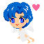 Pixel art angel with blue hair and white wings in six poses against gray background, each pose paired with pink heart symbol.