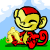 Animated pixel art contact sheet of a yellow monkey character with red accents performing sequential actions across seven frames on a grassy background under blue sky.