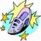 Animated icon of a light purple shoe with pink interior, surrounded by yellow stars and cyan background.
