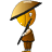 Pixelated figure wearing a wide-brimmed straw hat with black band, holding a long dark object, standing against gray background.