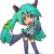 Pixel art character with teal hair, purple horns, and dark blue outfit holding a green object against gray background.