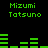 Green pixelated text and bar graphs on black background, with 'Mizumi Tatsuno' repeated in two above and below the bars