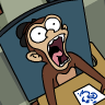 Pixelated cartoon monkey with wide eyes and open mouth, wearing brown shirt and black cap, holding brown box with blue recycling symbol.