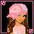 Pixel art contact sheet showing a female character's outfit details and name in pink-themed frames with black backgrounds.