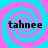 Four identical display the word 'tahnee' in black pixelated text over a cyan and pink spiral background, arranged in a