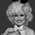 Pixelated grayscale image of a person with voluminous curly hair, closed eyes, and a smiling mouth, wearing a white collared shirt and dark tie against a dark background.
