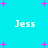 Cyan background with four instances of the name "Jess" in white pixelated text, surrounded by scattered pink plus signs.