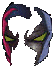 Four pixelated character head views with yellow eyes, red and blue hair, and dark facial features arranged in a on gray background