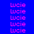pink 'Lucie' text on blue background with cyan blocks shifting positions across frames