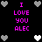 Pixelated text reads "I LOVE YOU ALEC" in bright pink on black background, surrounded by gray and white heart icons.