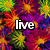 A colorful pixelated image with the word 'live' overlaid on a vibrant floral background, transitioning to star patterns and scattered dots.