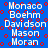 Blue background with red circular and wavy patterns, white text listing names in two