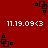 Red background with white text '11.19.09<3' and black pixelated square icons in four corners, some icons animate with small square movements.