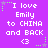 Purple background with white pixelated text reading "I love Emily to CHINA and BACK <3" surrounded by green and purple star-shaped pixel decorations.