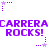 Pixelated purple text and star icons on white background, repeating 'CARRERACARRERACARRERA' above 'ROCKS! ROCKS! ROCKS!' with animated stars.