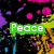 A pixelated digital image with vibrant neon colors and text overlays reading Peace, Luv & and Happiness on a chaotic abstract background.