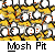 Animated sequence of yellow and white circular shapes with red dots on gray background, labeled 'Mosh Pit' text below each frame.