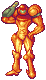 Pixel art of a humanoid figure in orange armor with green shoulder pads, holding a weapon over its head against a gray background.