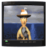 Animated cartoon character in a wide-brimmed hat with white and orange sections, standing against blue water and gray sky background.
