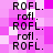 Pixelated text 'ROFL.' and 'rofl.' alternates on a pink-and-white checkered background with visible pixelation artifacts.
