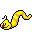 Four pixelated yellow worm-like creatures with red mouths and black eyes, each in a distinct pose against gray background.
