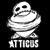 Pixelated black-and-white icon of a cartoonish skull with large eye sockets and a wide grin, wrapped in bandages like a mummy, standing on a base with the word "ATTICUS" below it.