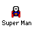 Six pixelated 'Super Man' buddy icons arranged in two on a gray background, with varying animation states and one shield symbol