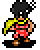 Pixel art character with black spiky hair, yellow cape, red shorts, and brown boots in two poses against gray background.