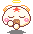 Pixel art contact sheet of six animated frames showing a round white cartoon character with orange ears, pink cheeks, and red star on forehead performing various actions including eating, drinking, and closing eyes.