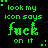 A static contact sheet of two identical animated frames showing a green pixelated text icon on black background with the phrase "look my icon says fuck on it".