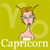 Animated Capricorn zodiac icon featuring a cartoon woman with goat horns and blue eyes on a yellow background, cycling through facial expressions across six frames.