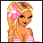 Pixel art buddy icon featuring a blonde cartoon woman with pink flower in hair and striped top on left, next to purple background with black text "Alli" on right.