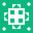 Green background with white pixelated cross and four corner stars surrounding a central grid of green squares on white.
