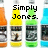 Four pixelated bottle icons in orange, yellow, green, and blue with dark labels, overlaid by black pixelated text reading "Simply Jones.".