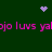 Green background with pink text repeating 'jojo luvs yabjo luvs yab' and two pixelated purple symbols: a heart and a starburst.