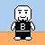 Pixel art character with white face and black shirt displaying 'E' in various poses and expressions