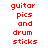 Red pixelated text 'guitar pics and drum sticks' arranged in a with black background sections, animated to shift positions across frames