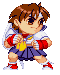 Pixel art character in fighting stance with brown hair, red shoes, white shirt, blue skirt, and yellow pendant; four variations show subtle pose and expression changes.